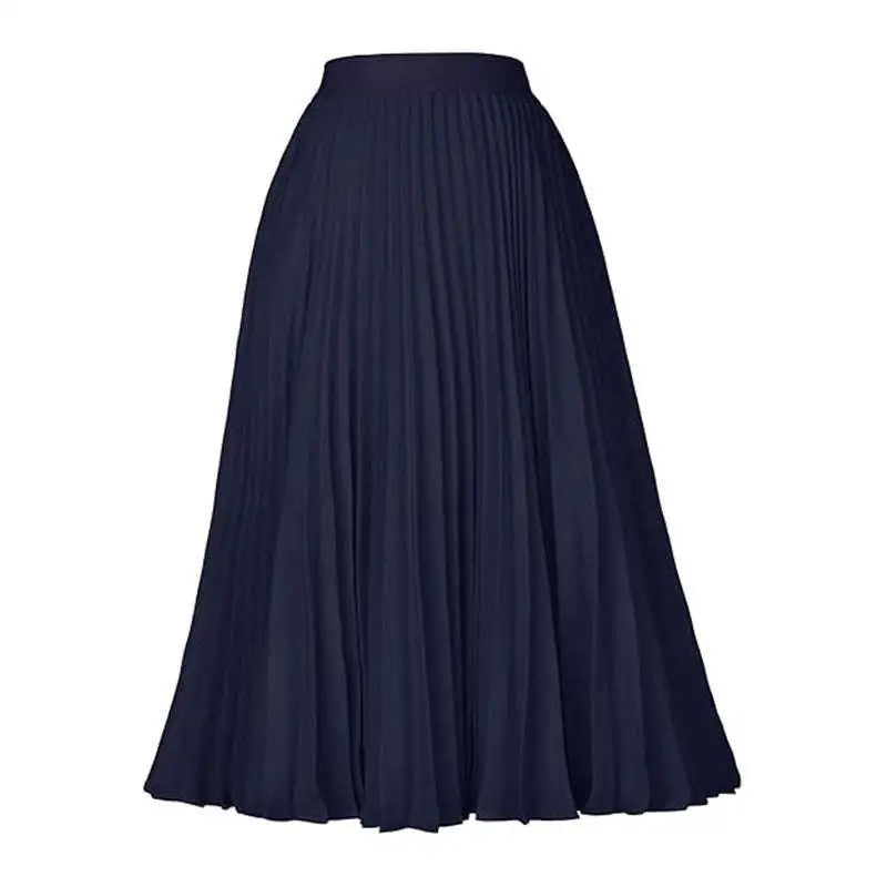 A navy blue swing casual skirt with pleated midi design featuring smooth flowing fabric and vertical folds
