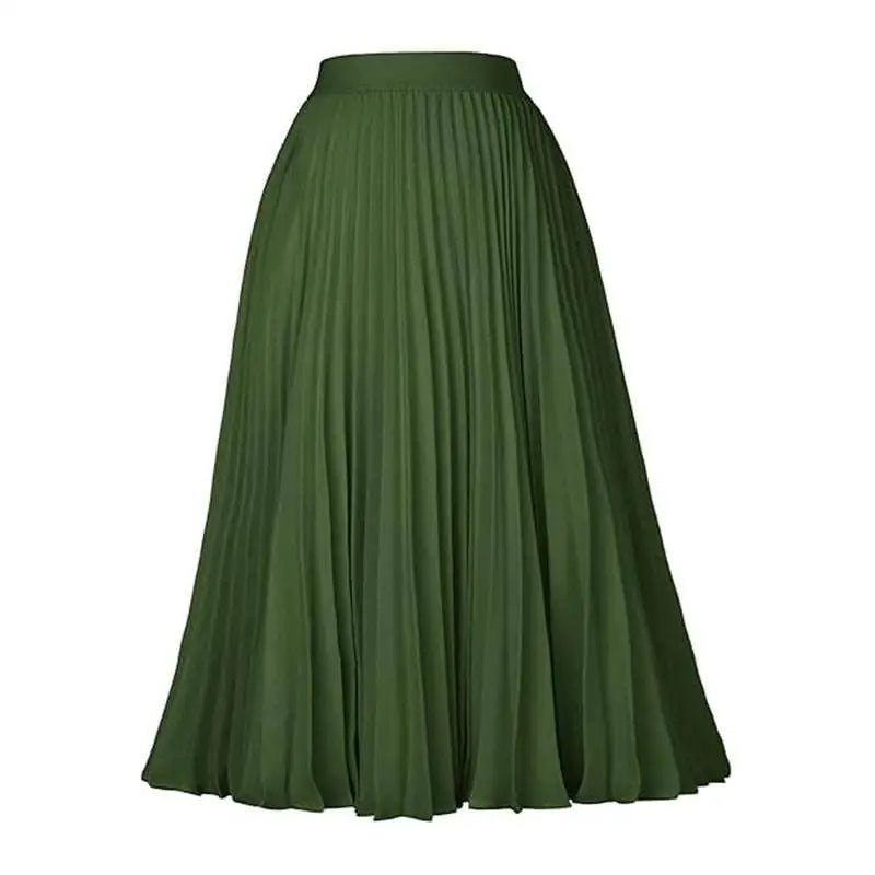Light blue swing casual skirt with a flowing olive green pleated midi design made from smooth lightweight fabric