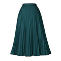 A deep teal pleated midi swing casual skirt with smooth flowing fabric and an elastic waistband