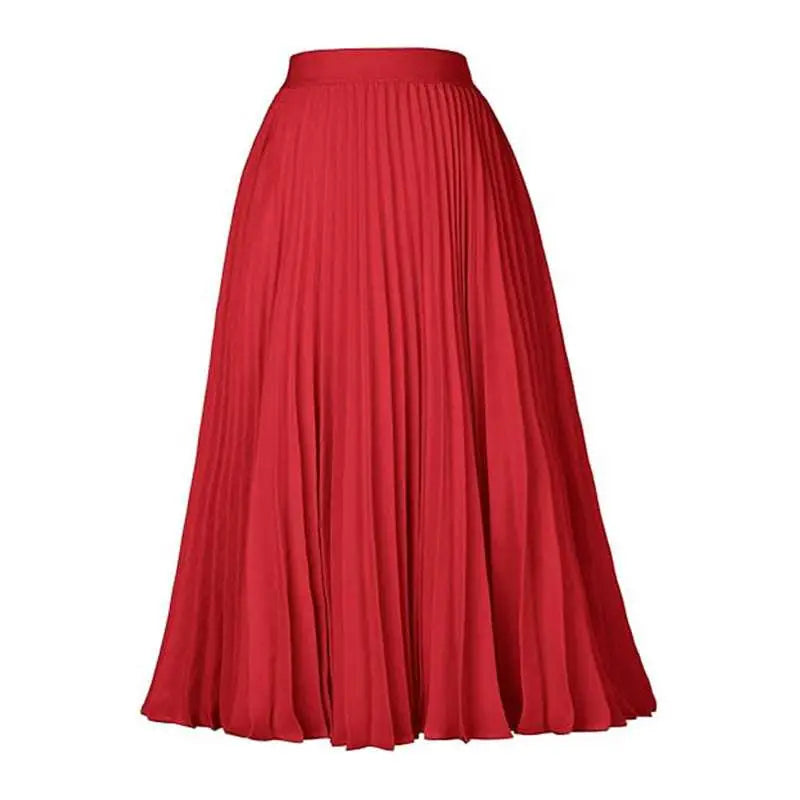 A vibrant red pleated midi swing casual skirt with a fitted waistband and smooth flowing fabric