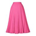 A vibrant pink pleated midi swing casual skirt made of smooth flowing fabric with an elastic waistband