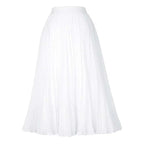 Light blue swing casual skirt with pleated midi design and smooth flowing lightweight sheer fabric with high waistband