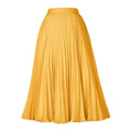 A vibrant mustard-yellow pleated midi swing casual skirt with smooth flowing fabric and a fitted waistband