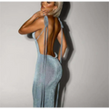 A shimmering light blue satin slim backless dress summer gown with a form-fitting design and long tie straps
