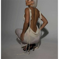Off-white satin slim backless dress with plunging back and tie straps perfect as a dress summer gown