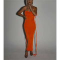 A vibrant orange dress summer gown with thin straps and side ties, complementing the light blue satin slim backless dress