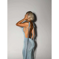 Light blue satin slim backless dress summer gown with shimmering velvet fabric and delicate tie-back straps visible from the back