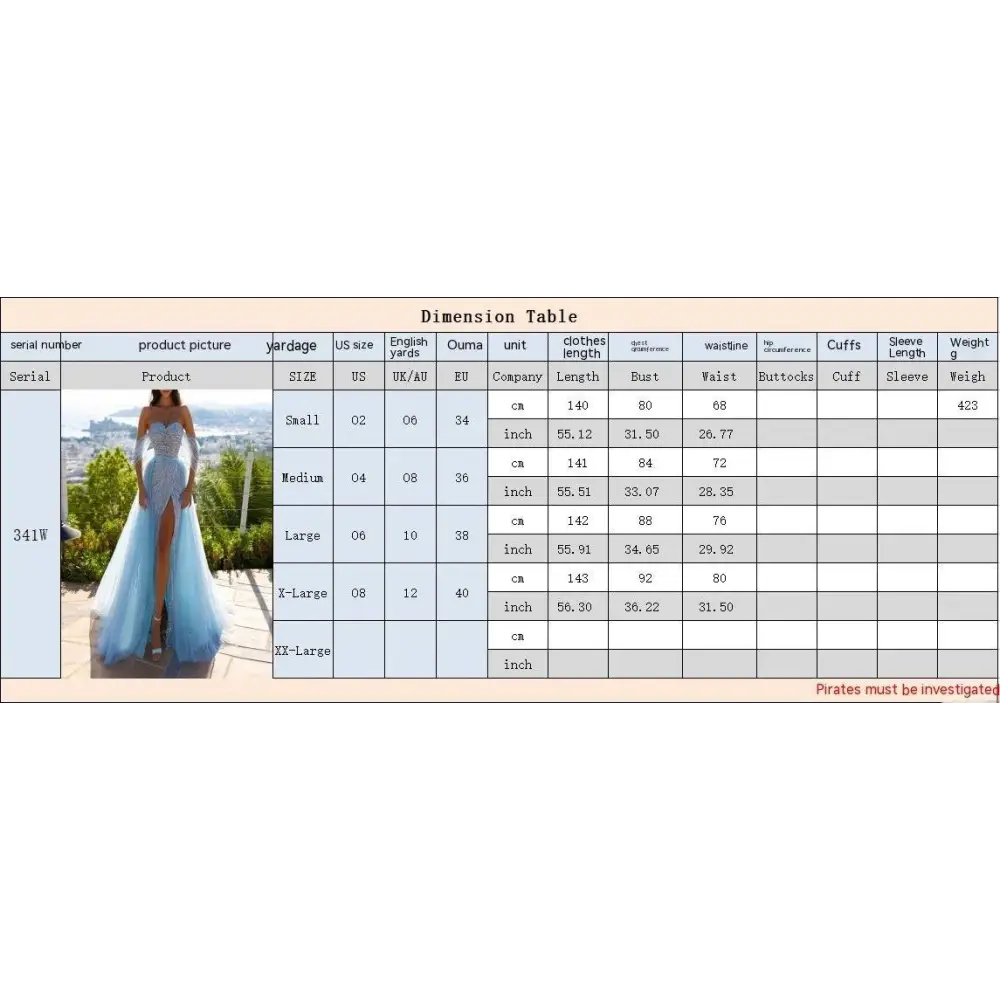 Light blue sequined slim fit formal dress with flowing tulle skirt, off the shoulder design, and high slit detail