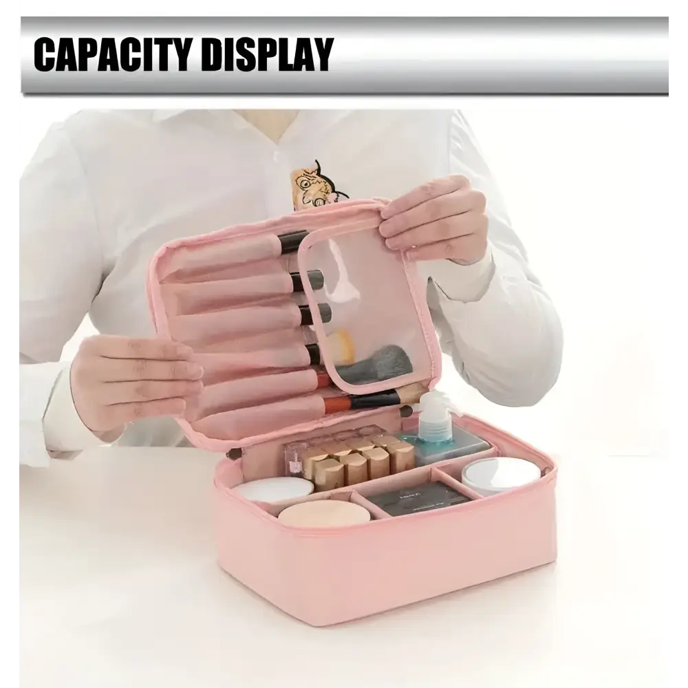 Light blue multifunctional square travel storage bag with pink fabric makeup organizer and transparent front panel compartments