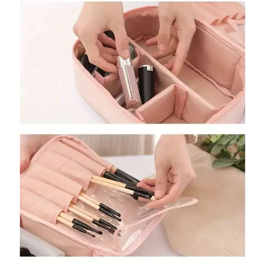Pink fabric makeup organizer with divided compartments and clear plastic brush sleeve in light blue multifunctional travel storage bag