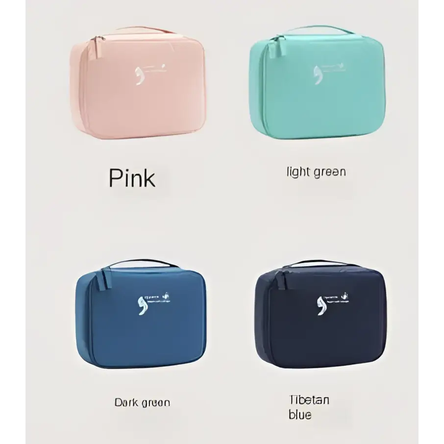 Light blue multifunctional square travel storage bag with pink light green dark green and tibetan blue fabric exterior