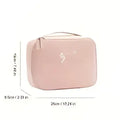 Pink rectangular toiletry bag with subtle embossed logo featured alongside light blue square travel storage bag for multifunctional use