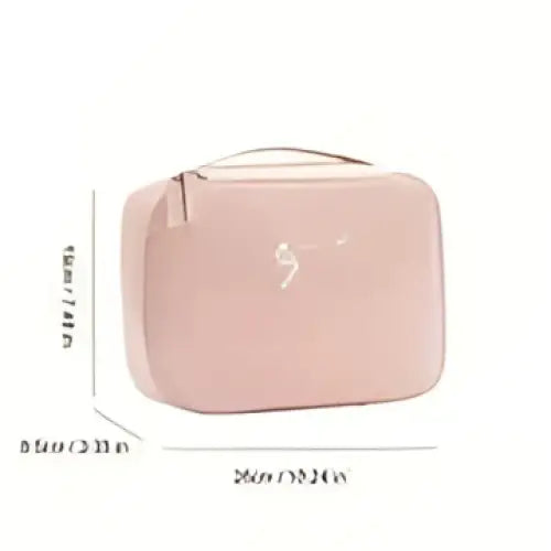 Pink rectangular toiletry bag with subtle embossed logo featured alongside light blue square travel storage bag for multifunctional use