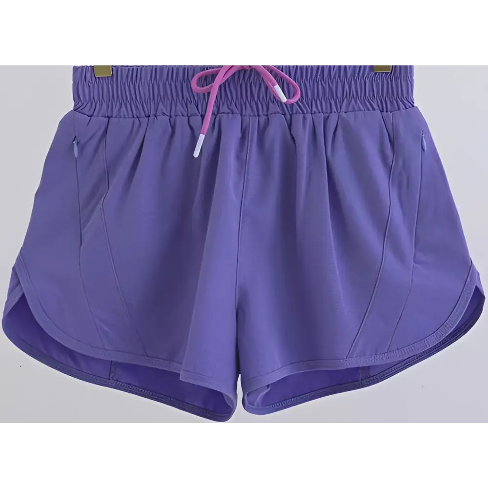 Light blue summer sports shorts with purple color purple athletic shorts pink drawstring elastic waistband and zipper pockets breathable