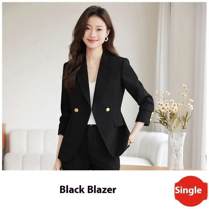 Black tailored business suit blazer with gold buttons and three-quarter length sleeves for formal occasions