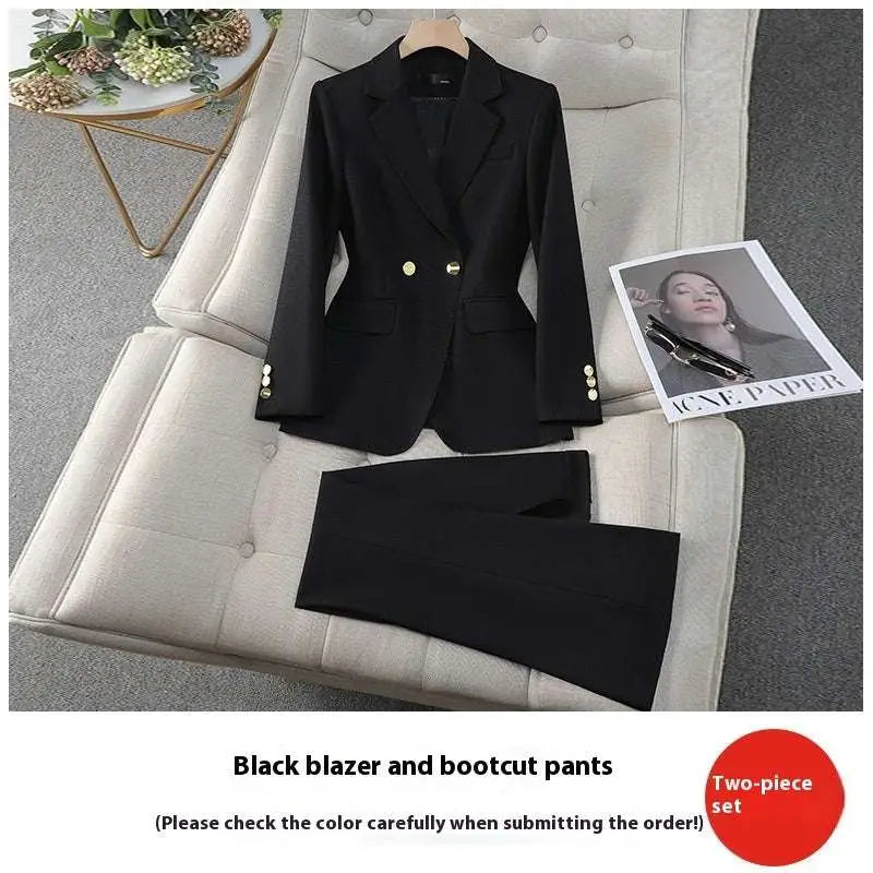 Black tailored business suit with gold buttons featuring a blazer and bootcut pants two-piece set