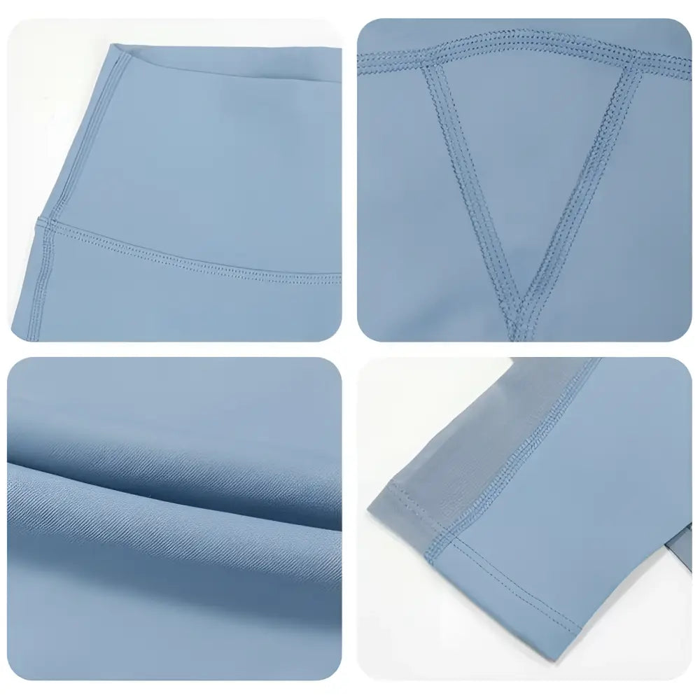 Light blue seamless high waisted yoga pants with smooth stretchy fabric and subtle seam detailing for butt lifting workout
