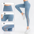 Light blue seamless high waisted yoga pants with sheer mesh side panels designed as butt lifting workout leggings