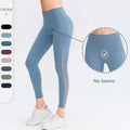 Light blue seamless high waisted yoga pants with sheer side panel designed for butt lifting workout leggings