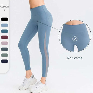 Light blue seamless high waisted yoga pants with sheer side panel designed for butt lifting workout leggings