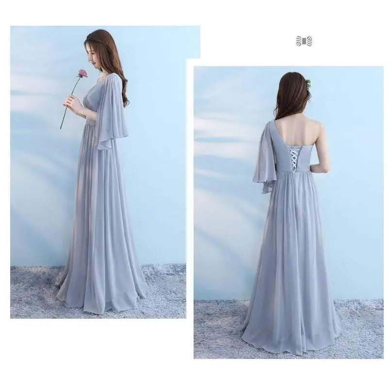 Elegant light gray chiffon wedding bridesmaid dresses with flowing skirts and varied sleeve designs for bridesmaid sisters