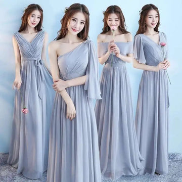 Elegant light gray chiffon wedding bridesmaid dresses with flowing skirts and varied sleeve designs for bridesmaid sisters
