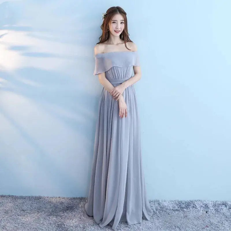 Light gray chiffon wedding bridesmaid dress with flowing off-the-shoulder pleated skirt for bridesmaid sisters