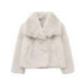 Light gray winter plush coat with off-white faux fur, wide collar, and long sleeve design for plush coat fashion