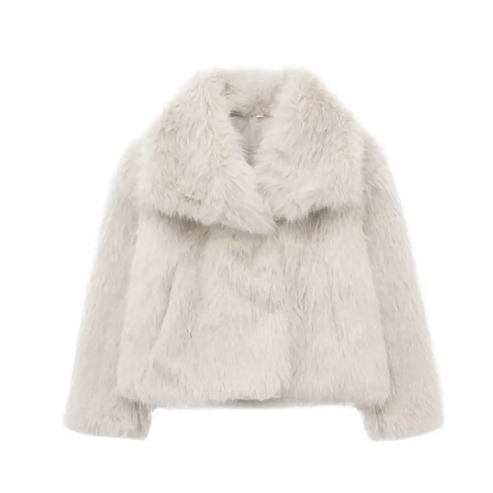 Light gray winter plush coat with off-white faux fur, wide collar, and long sleeve design for plush coat fashion