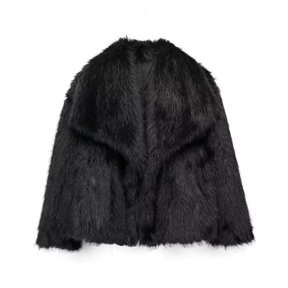 Black faux fur winter plush coat with plush coat fashion texture and long sleeve design featuring a classic collar