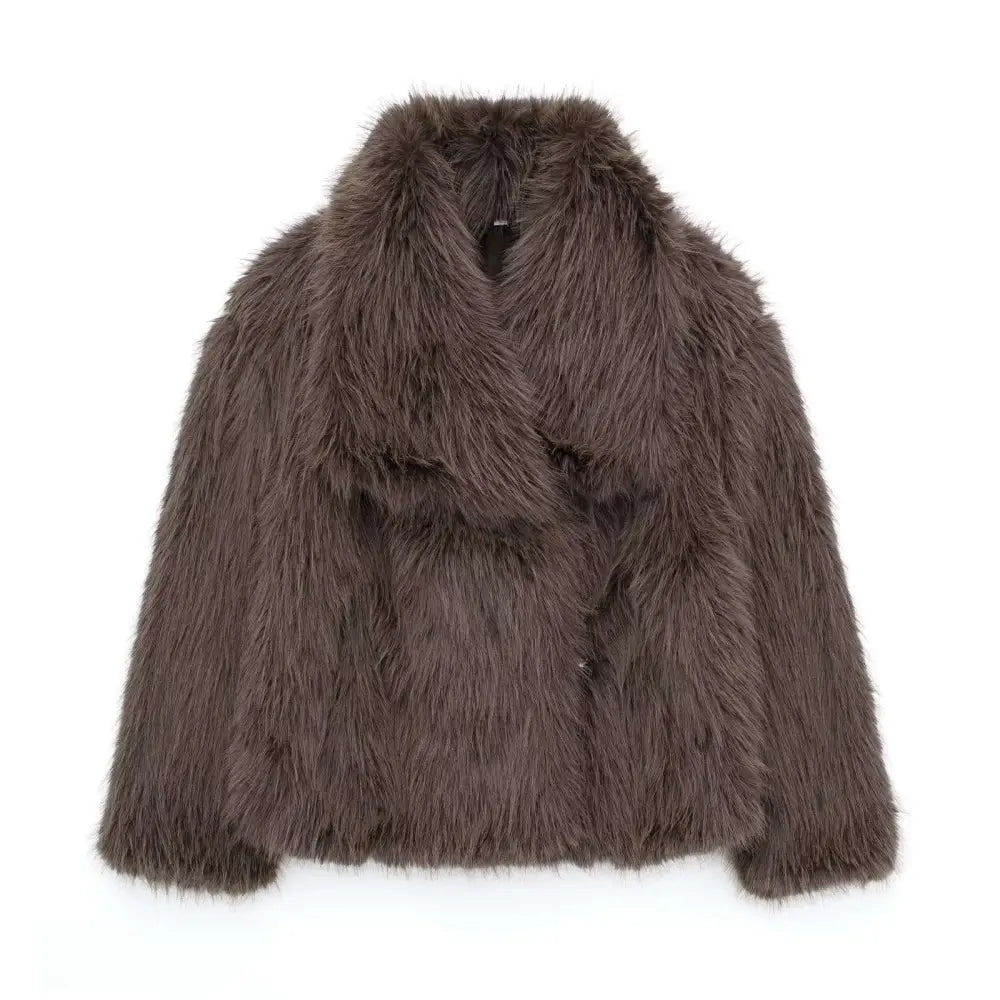 A chocolate brown winter plush coat with plush coat fashion voluminous collar and long sleeve design jacket