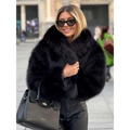 Black faux fur winter plush coat with a plush coat fashion high collar and long sleeve design for cold weather