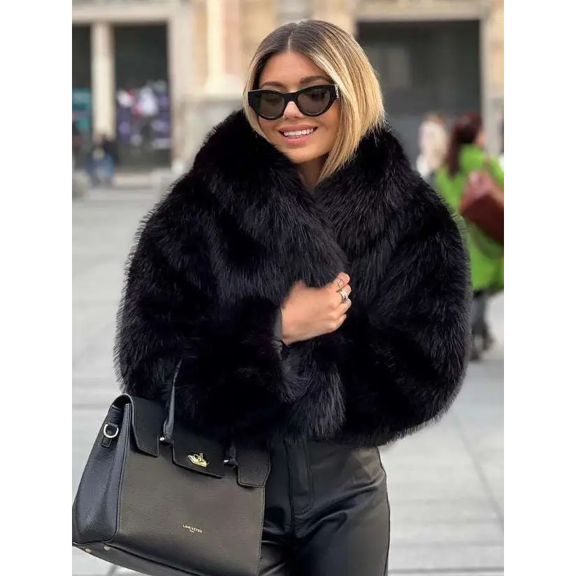 Black faux fur winter plush coat with a plush coat fashion high collar and long sleeve design for cold weather