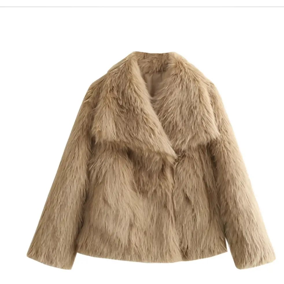 Beige winter plush coat with plush coat fashion layered collar and long sleeve design for cold weather wear