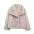 Light gray winter plush coat with voluminous collar and long sleeve design in soft faux fur material