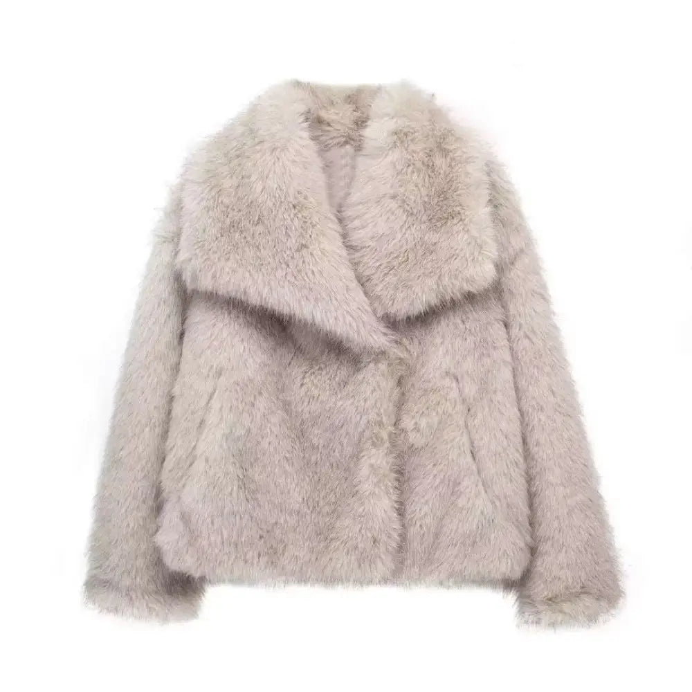 Light gray winter plush coat with voluminous collar and long sleeve design in soft faux fur material