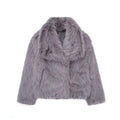 Light gray winter plush coat with voluminous collar made of lavender-gray faux fur in a long sleeve design