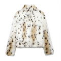 White faux fur winter plush coat with leopard print and long sleeve design in plush coat fashion style
