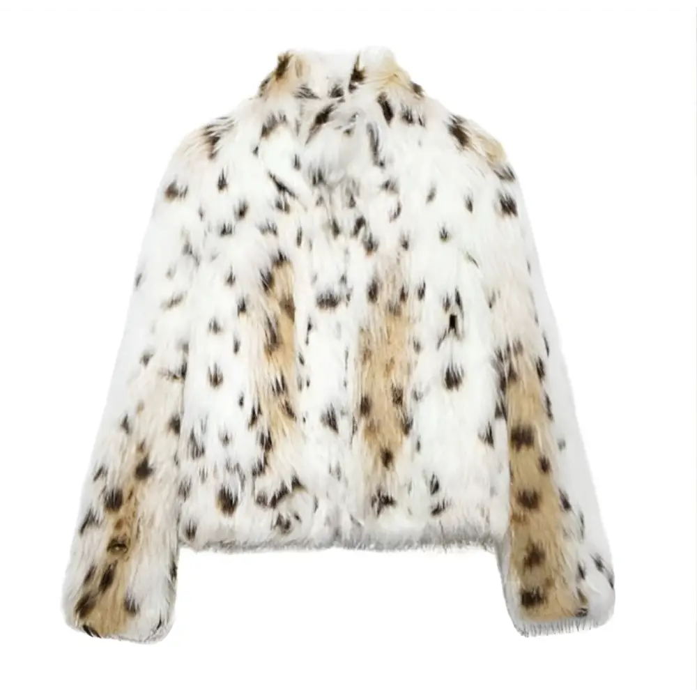 White faux fur winter plush coat with leopard print and long sleeve design in plush coat fashion style