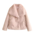 A blush-pink winter plush coat with a soft faux fur material and long sleeve design for stylish plush coat fashion