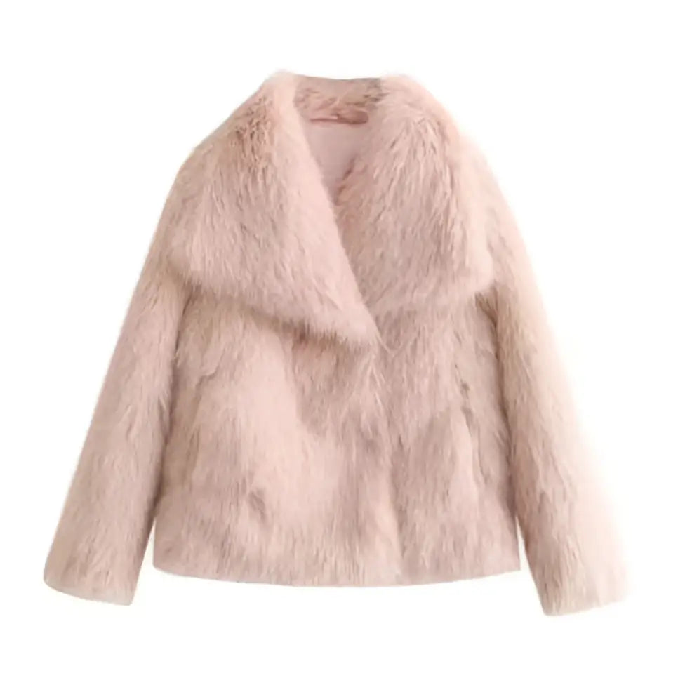 A blush-pink winter plush coat with a soft faux fur material and long sleeve design for stylish plush coat fashion