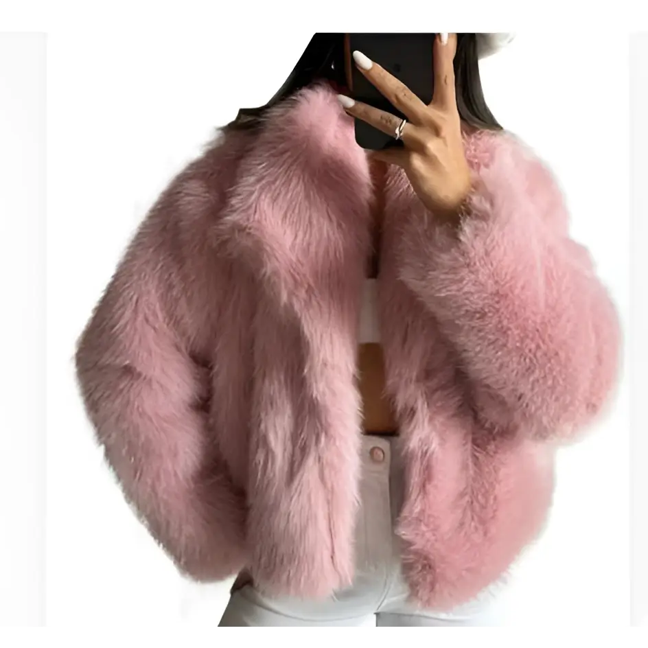 Light gray winter plush coat with soft pink faux fur, cozy voluminous silhouette, and long sleeve design for plush coat fashion