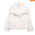 White winter plush coat with plush coat fashion, long sleeve design, wide collar, and fluffy faux fur texture
