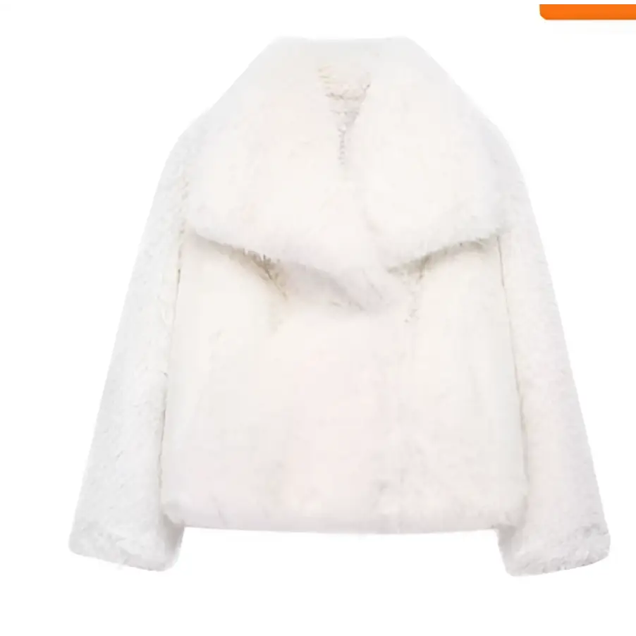 White winter plush coat with plush coat fashion, long sleeve design, wide collar, and fluffy faux fur texture