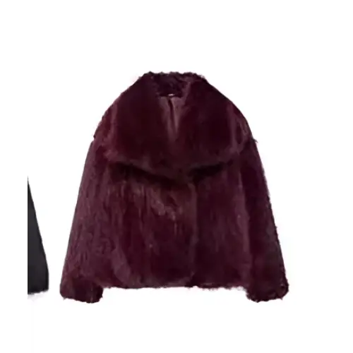 A plush coat fashion deep burgundy faux fur winter plush coat with wide collar and long sleeve design