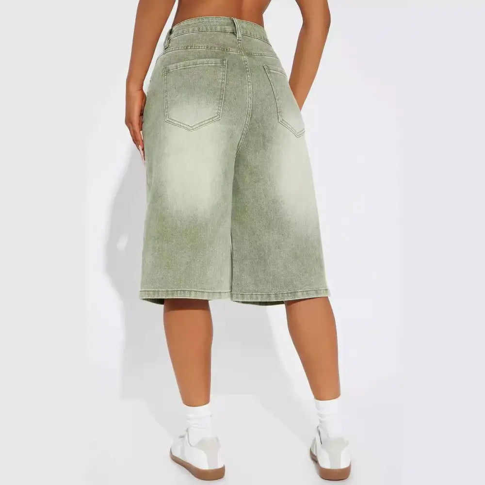 Light green jeans double belt adjustable buckle shorts with olive green denim high-waisted faded wash back view