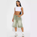 Light green jeans double belt adjustable buckle shorts in olive green denim with multiple belt loops and silver buckle accents