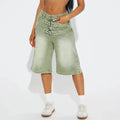 High-waisted light green denim shorts with a flared leg cut and jeans double belt adjustable buckle straps