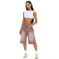 Dusty rose high-waisted denim shorts with double-button front and belt loops in light green jeans double belt style