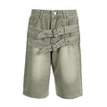 Olive green denim shorts with three overlapping belt straps featuring adjustable buckle design jeans double belt style